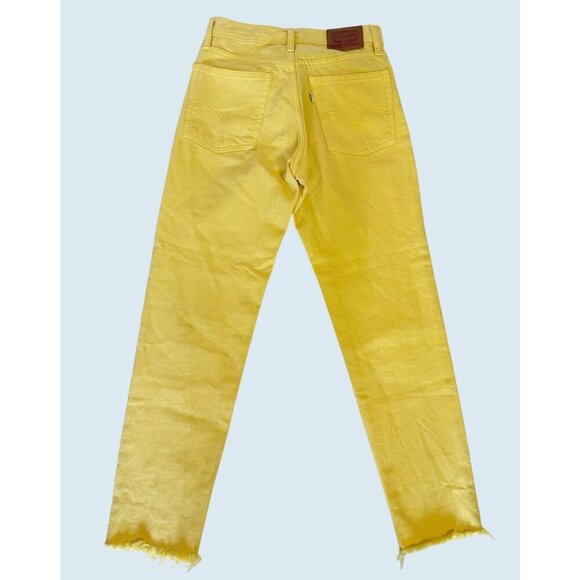 LEVI'S Yellow Button Fly High Waisted Straight Leg Raw Hem Jeans Sz 24 - Picture 5 of 7